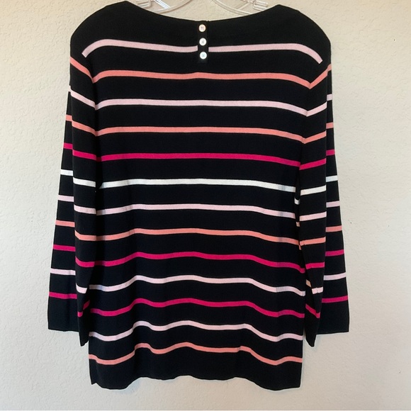 Talbots NWOT Striped Boat Neck Cotton Sweater Black Pink Button Back Detail XLP - Picture 6 of 16